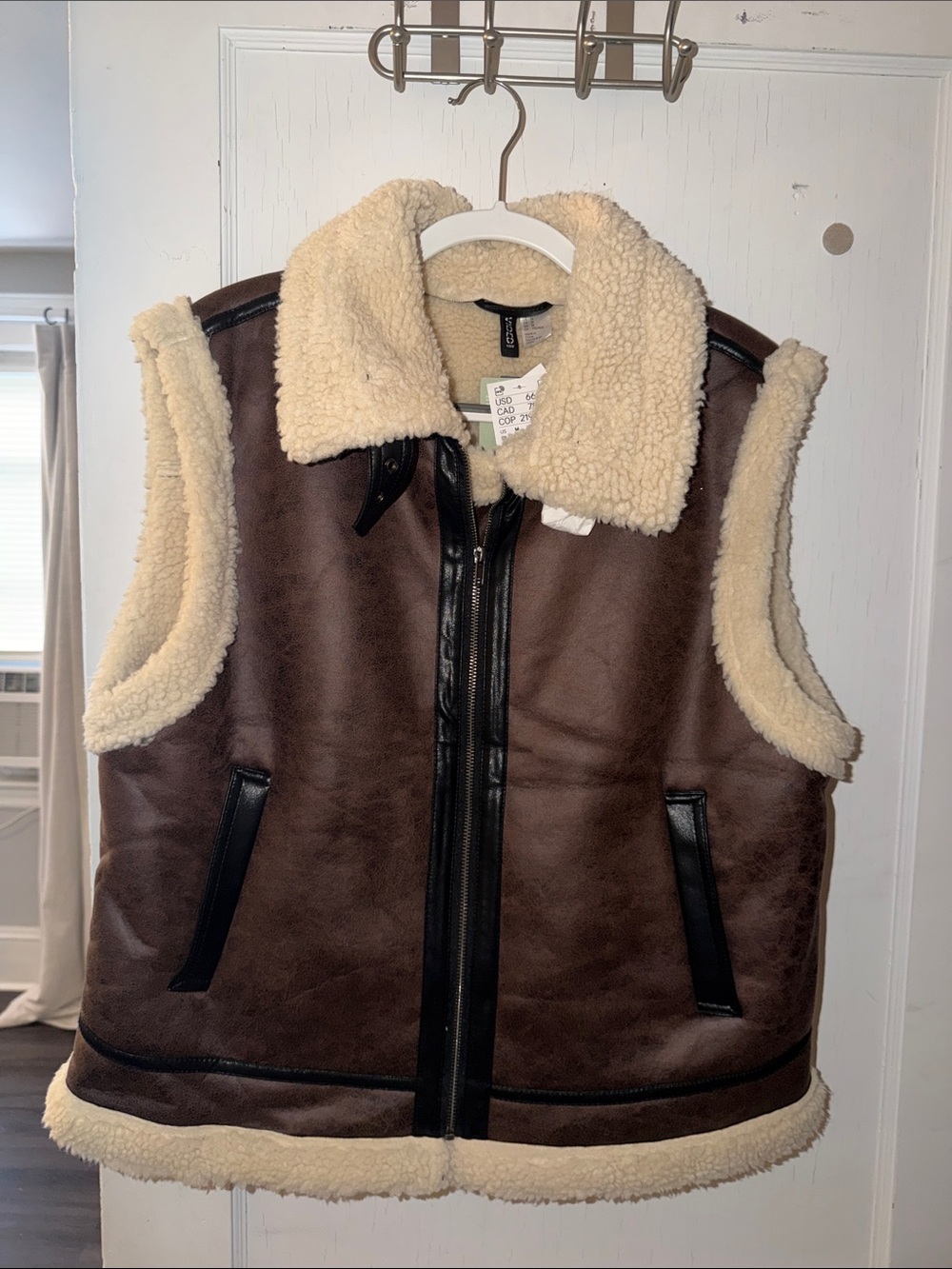 H&M Brown Faux Shearling Zip Vest with Cream Sherpa Trim